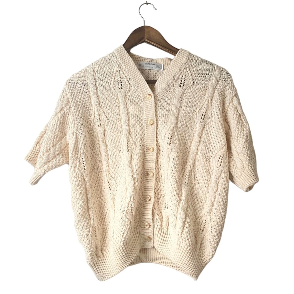 Vintage St Michael Cream Chunky Knit Short Sleeve Cardigan Womens Size M